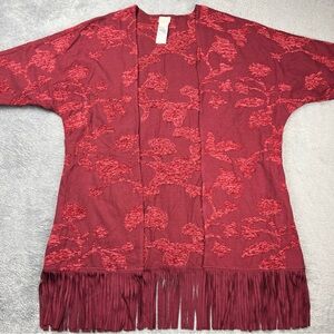 Chico’s Red Floral Tapestry Fringe Ruana Cardigan Wrap Women’s Size S/M